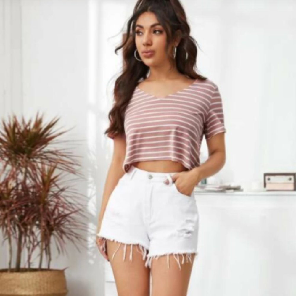 Striped And Cropped V-Neck Shirt